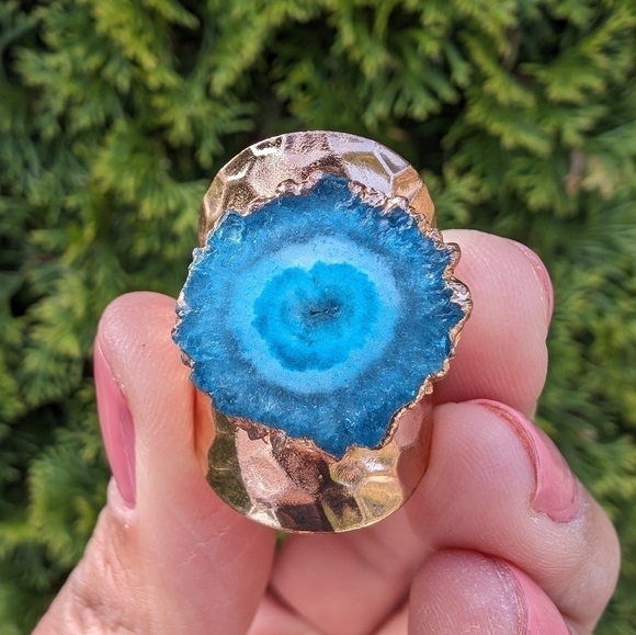 Artisan Handmade In Morocco Adjustable Blue Geode Wide Band Gold Ring Size 8.75 - Picture 6 of 8